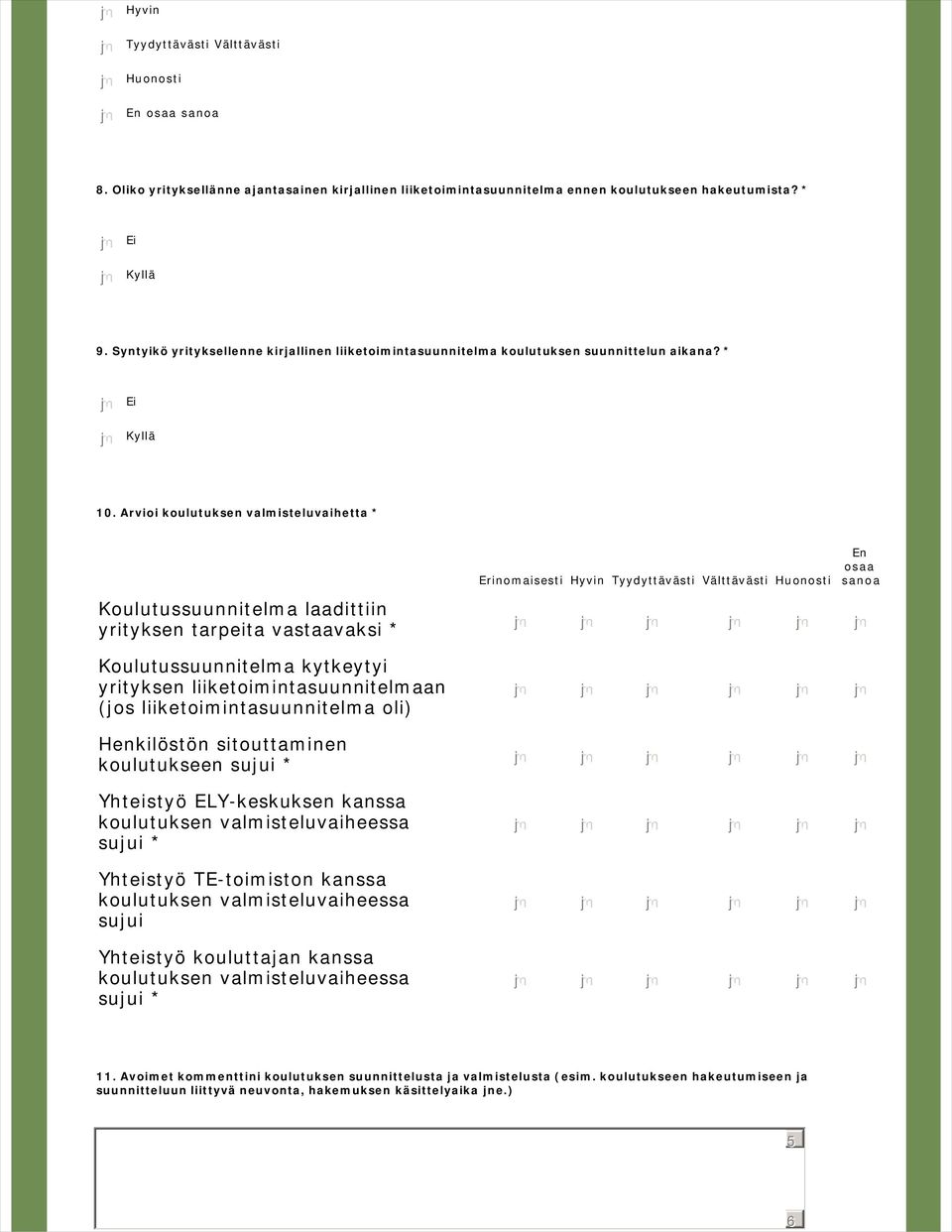 Arvioi koulutuksen valmisteluvaihetta * Koulutussuunnitelma laadittiin yrityksen tarpeita vastaavaksi * Koulutussuunnitelma kytkeytyi yrityksen liiketoimintasuunnitelmaan (jos