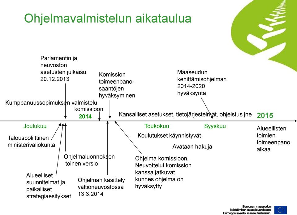 Ohjelmaluonnoksen toinen versio Komission toimeenpanosääntöjen hyväksyminen Ohjelman käsittely valtioneuvostossa 13.