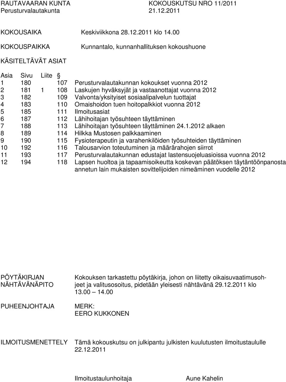 vuonna 2012 3 182 109 Valvonta/yksityiset sosiaalipalvelun tuottajat 4 183 110 Omaishoidon tuen hoitopalkkiot vuonna 2012 5 185 111 Ilmoitusasiat 6 187 112 Lähihoitajan työsuhteen täyttäminen 7 188