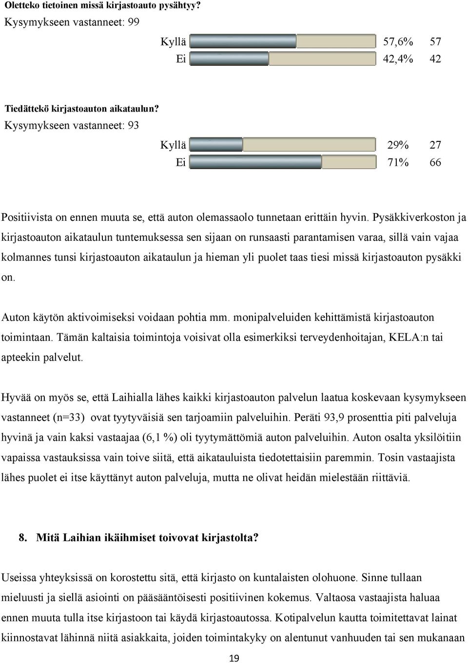 Pysäkkiverkoston ja kirjastoauton aikataulun tuntemuksessa sen sijaan on runsaasti parantamisen varaa, sillä vain vajaa kolmannes tunsi kirjastoauton aikataulun ja hieman yli puolet taas tiesi missä