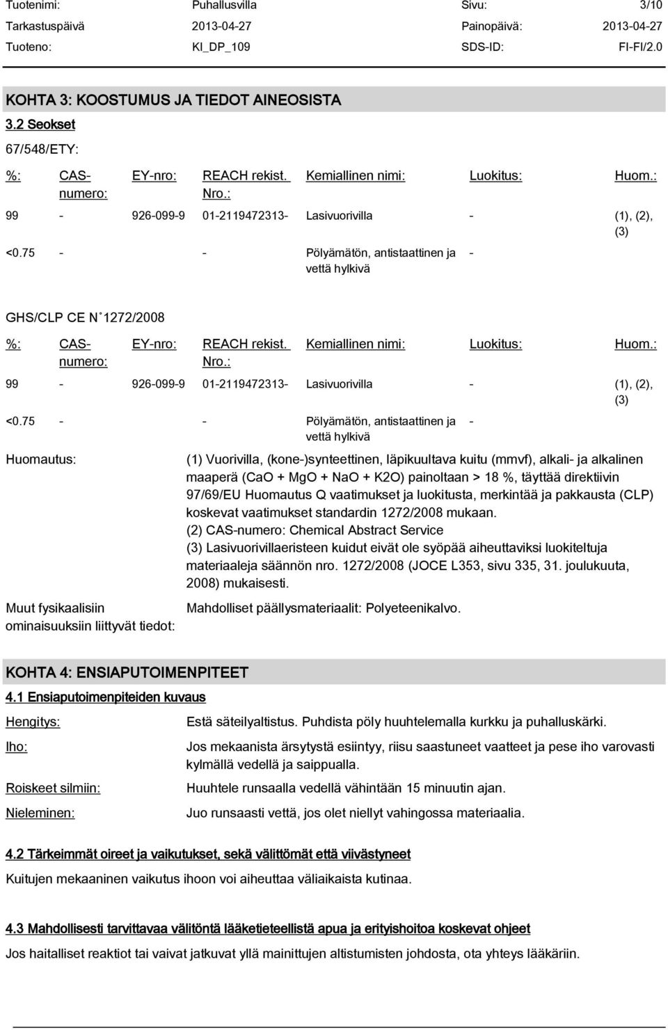 : Kemiallinen nimi: Luokitus: Huom.: 99-926-099-9 01-2119472313- Lasivuorivilla - (1), (2), (3) <0.