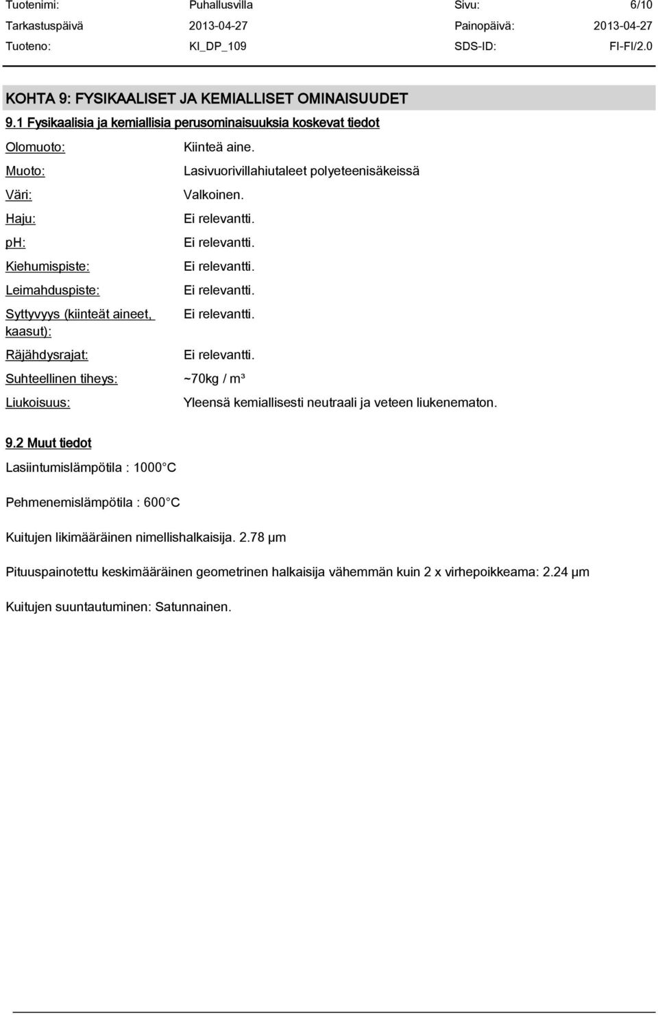 Räjähdysrajat: Kiinteä aine. Lasivuorivillahiutaleet polyeteenisäkeissä Valkoinen.