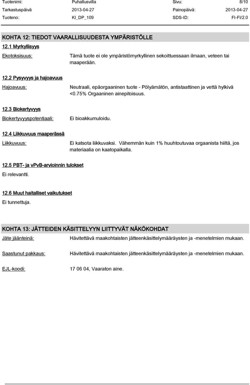 Vähemmän kuin 1% huuhtoutuvaa orgaanista hiiltä, jos materiaalia on kaatopaikalla. 12.5 PBT- ja vpvb-arvioinnin tulokset 12.6 Muut haitalliset vaikutukset Ei tunnettuja.