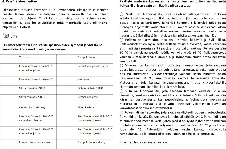 Hoito- ohjesymbolit olivat: Etsi Internetistä tai kirjoista yleispesuohjeiden symbolit ja yhdistä ne kuvauksiin. Piirrä merkit selityksien viereen.