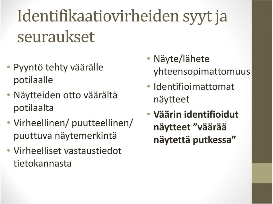 näytemerkintä Virheelliset vastaustiedot tietokannasta Näyte/lähete