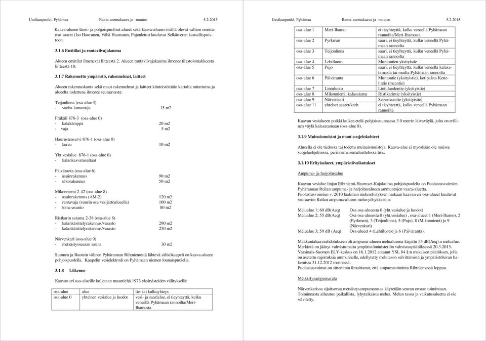 Alueen rantaviivajakauma ilmenee tilastolomakkeesta liitteestä 10