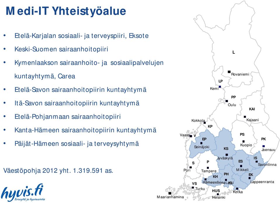 sairaanhoitopiirin kuntayhtymä Päijät-Hämeen sosiaali- ja terveysyhtymä Vaasa LP Kemi PP Oulu Kokkola KP V EP Seinäjoki KS Rovaniemi KAI Kajaani PS Kuopio PK