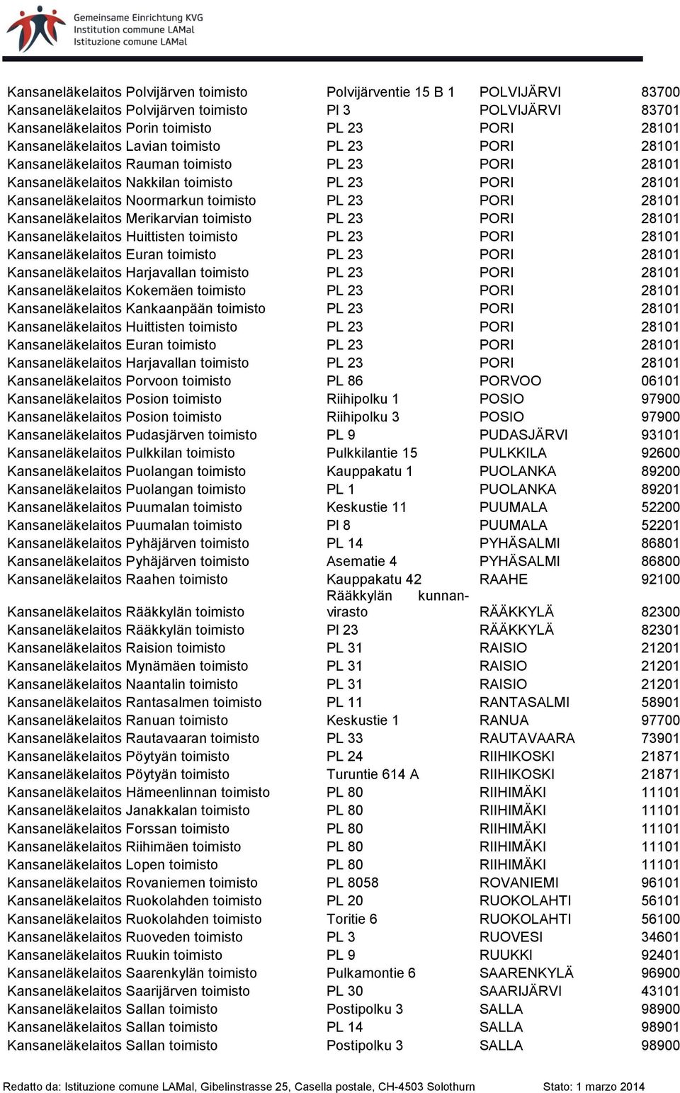 PORI 28101 Kansaneläkelaitos Merikarvian toimisto PL 23 PORI 28101 Kansaneläkelaitos Huittisten toimisto PL 23 PORI 28101 Kansaneläkelaitos Euran toimisto PL 23 PORI 28101 Kansaneläkelaitos