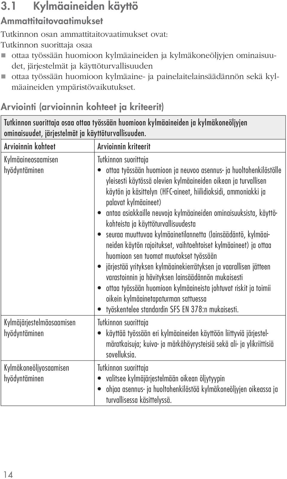 Arviointi (arvioinnin kohteet ja kriteerit) osaa ottaa työssään huomioon kylmäaineiden ja kylmäkoneöljyjen ominaisuudet, järjestelmät ja käyttöturvallisuuden.