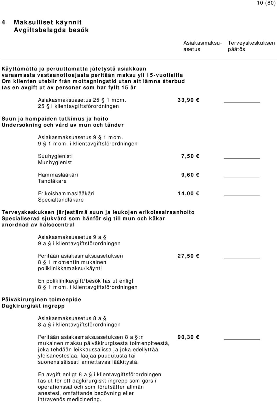 33,90 25 i klientavgiftsförordningen Suun ja hampaiden tutkimus ja hoito Undersökning och vård av mun och tänder Asiakasmaksuasetus 9 1 mom.