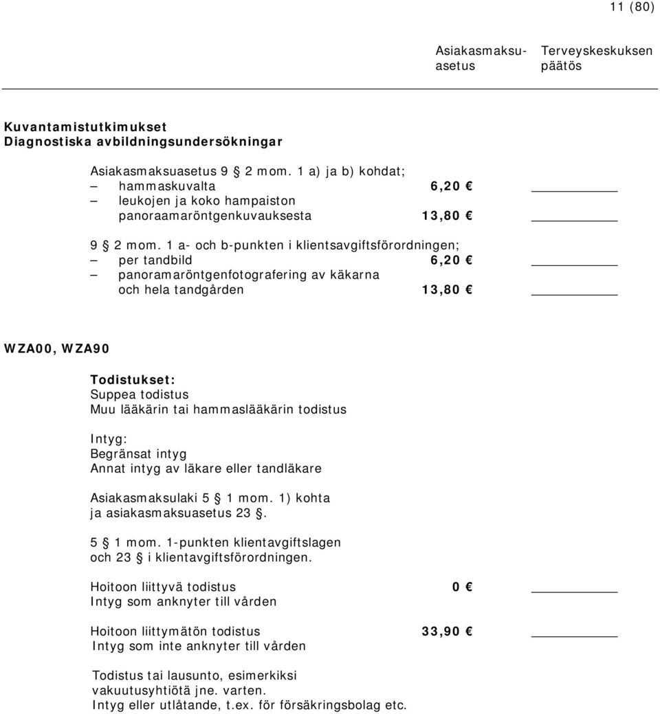 1 a- och b-punkten i klientsavgiftsförordningen; per tandbild 6,20 panoramaröntgenfotografering av käkarna och hela tandgården 13,80 WZA00, WZA90 Todistukset: Suppea todistus Muu lääkärin tai