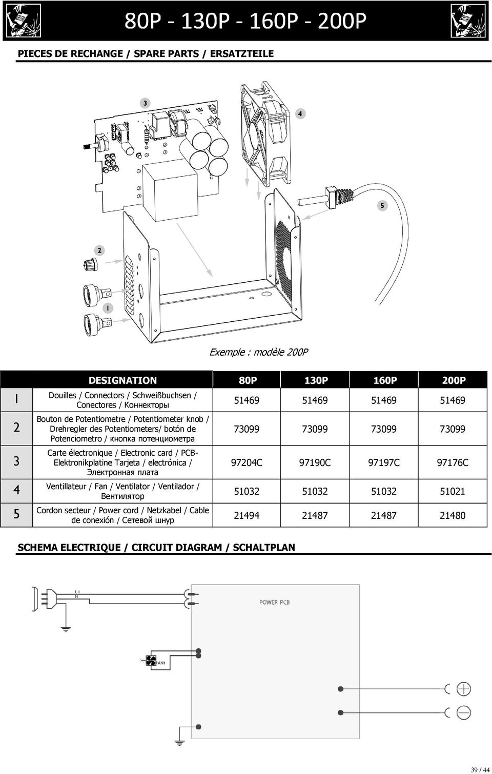 Tarjeta / electrónica / Электронная плата 4 Ventillateur / Fan / Ventilator / Ventilador / Вентилятор 5 Cordon secteur / Power cord / Netzkabel / Cable de conexión / Сетевой шнур