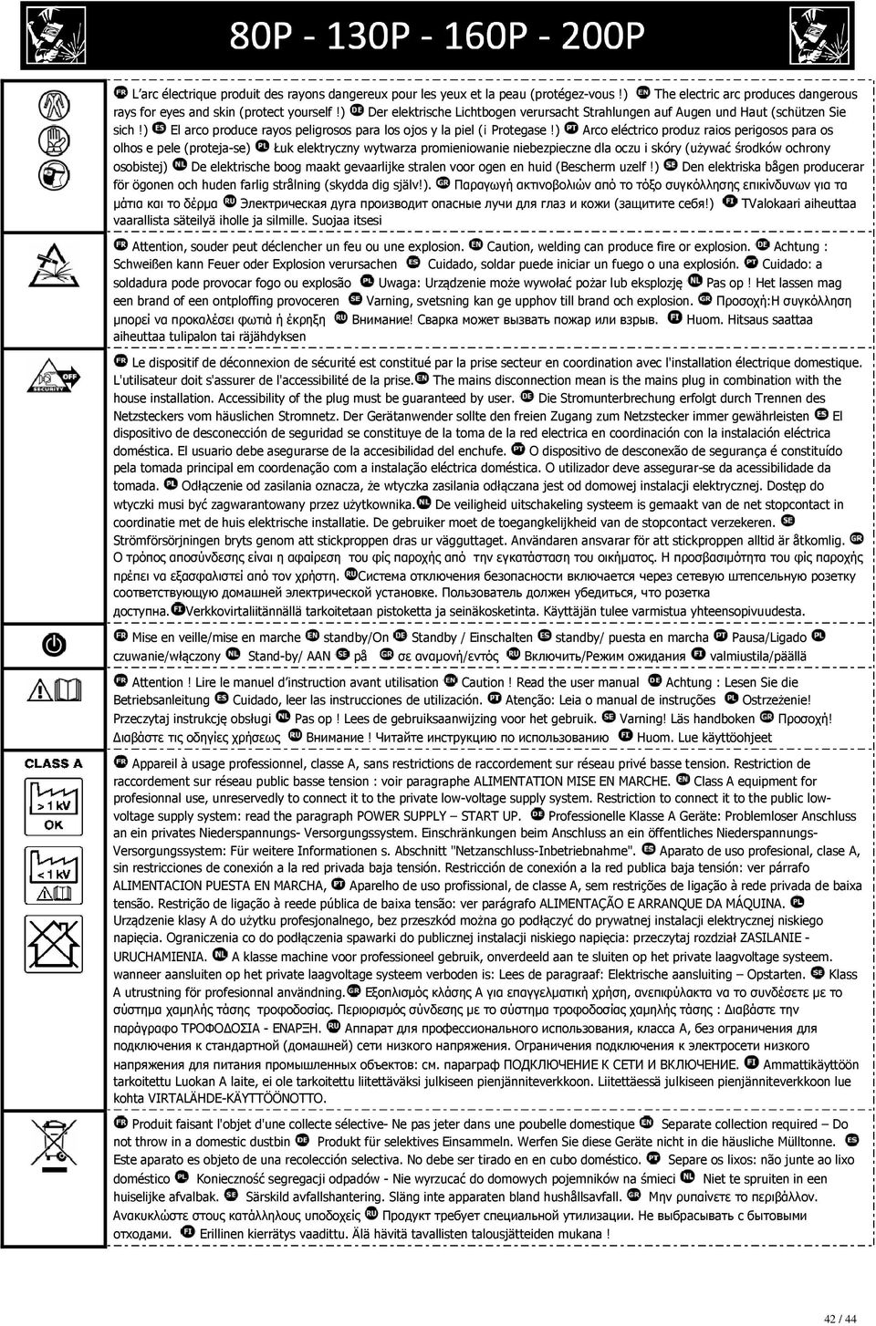 ) Arco eléctrico produz raios perigosos para os olhos e pele (proteja-se) Łuk elektryczny wytwarza promieniowanie niebezpieczne dla oczu i skóry (używać środków ochrony osobistej) De elektrische boog