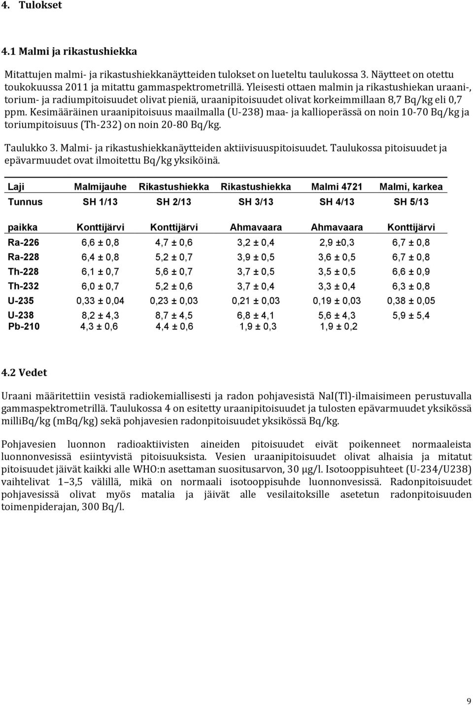 Kesimääräinen uraanipitoisuus maailmalla (U-238) maa- ja kallioperässä on noin 10-70 Bq/kg ja toriumpitoisuus (Th-232) on noin 20-80 Bq/kg. Taulukko 3.
