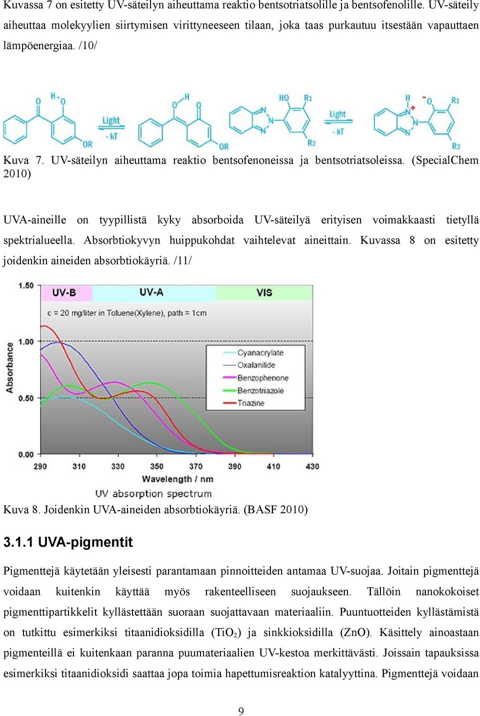 UV-säteilyn aiheuttama reaktio bentsofenoneissa ja bentsotriatsoleissa. (SpecialChem 2010) UVA-aineille on tyypillistä kyky absorboida UV-säteilyä erityisen voimakkaasti tietyllä spektrialueella.