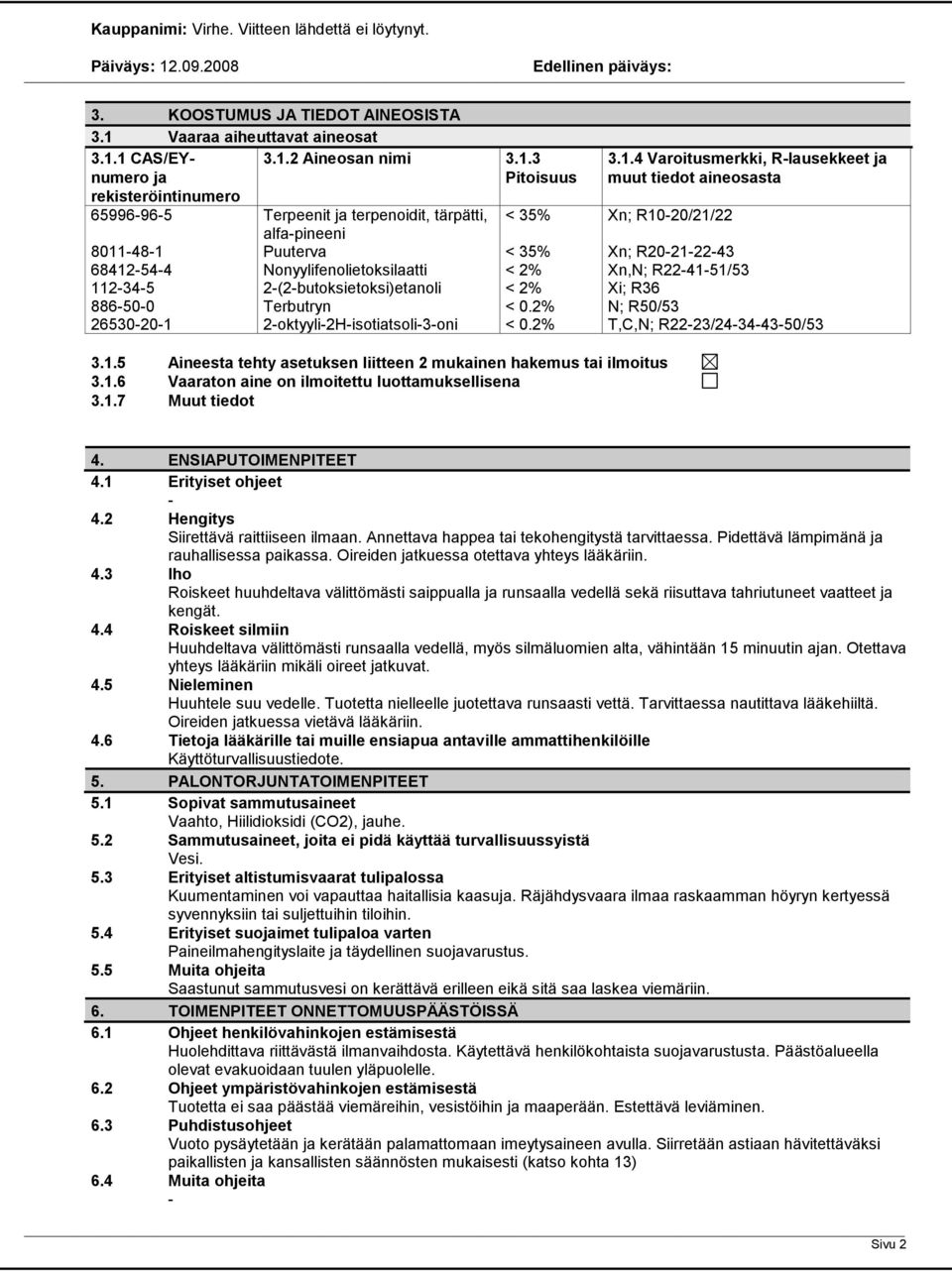 1 CAS/EYnumero ja rekisteröintinumero 65996965 8011481 68412544 112345 886500 26530201 3.1.2 Aineosan nimi 3.1.3 Pitoisuus Terpeenit ja terpenoidit, tärpätti, alfapineeni Puuterva Nonyylifenolietoksilaatti 2(2butoksietoksi)etanoli Terbutryn 2oktyyli2Hisotiatsoli3oni < 35% < 35% < 2% < 2% < 0.