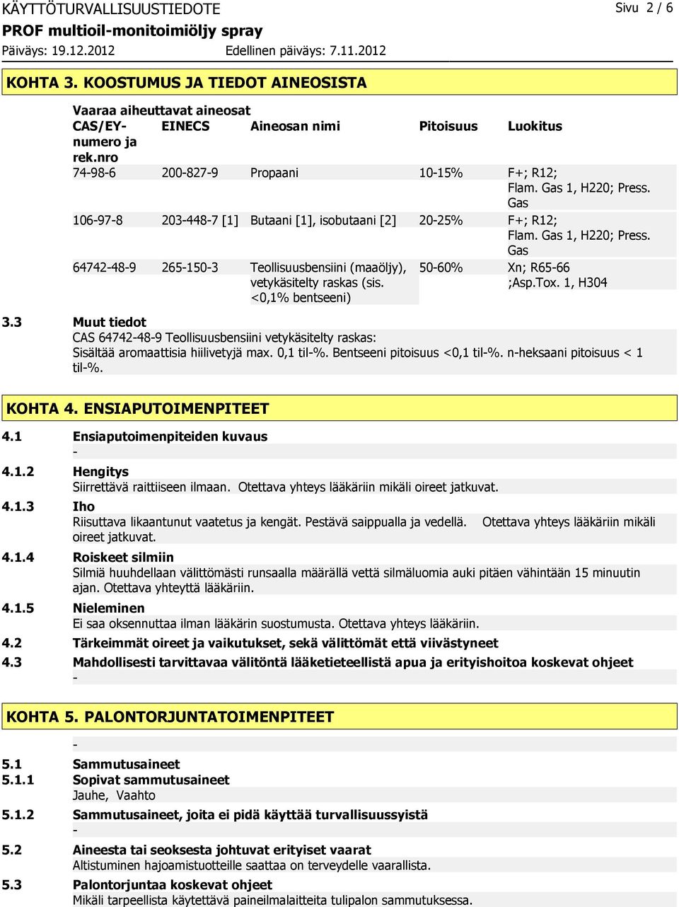 <0,1% bentseeni) 5060% Xn; R6566 ;Asp.Tox. 1, H304 3.3 Muut tiedot CAS 64742489 Teollisuusbensiini vetykäsitelty raskas: Sisältää aromaattisia hiilivetyjä max. 0,1 til%. Bentseeni pitoisuus <0,1 til%.