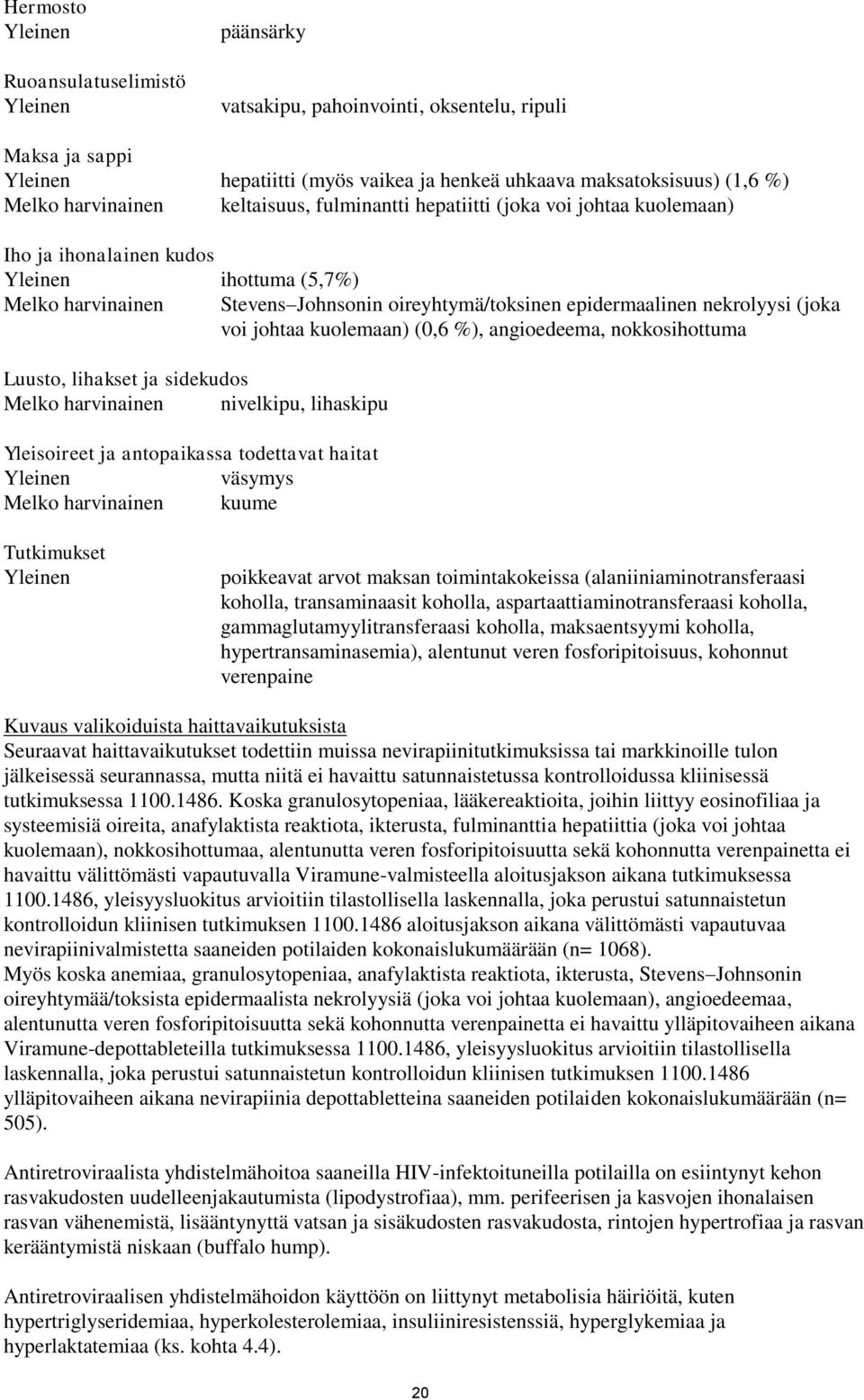 nekrolyysi (joka voi johtaa kuolemaan) (0,6 %), angioedeema, nokkosihottuma Luusto, lihakset ja sidekudos Melko harvinainen nivelkipu, lihaskipu Yleisoireet ja antopaikassa todettavat haitat Yleinen