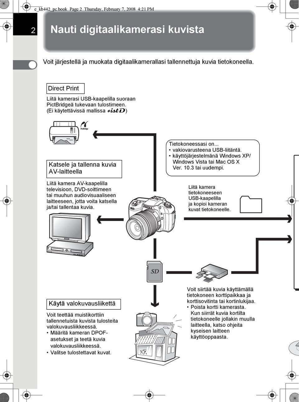 (Ei käytettävissä mallissa w) Katsele ja tallenna kuvia AV-laitteella Liitä kamera AV-kaapelilla televisioon, DVD-soittimeen tai muuhun audiovisuaaliseen laitteeseen, jotta voita katsella ja/tai