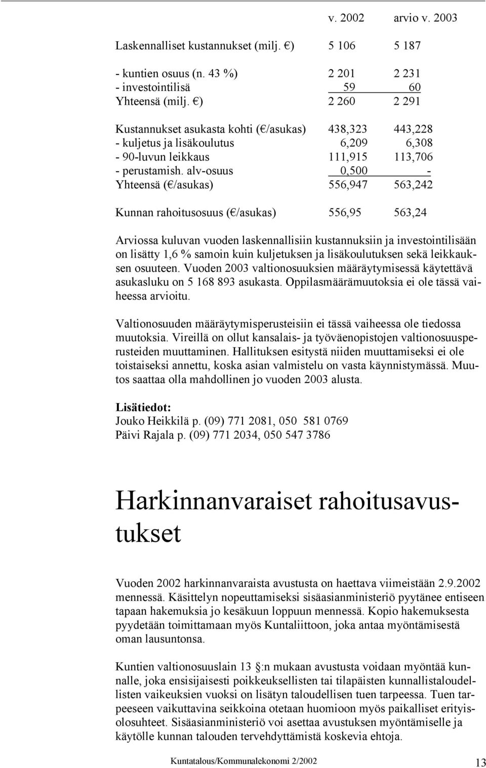 alv-osuus 0,500 - Yhteensä ( /asukas) 556,947 563,242 Kunnan rahoitusosuus ( /asukas) 556,95 563,24 Arviossa kuluvan vuoden laskennallisiin kustannuksiin ja investointilisään on lisätty 1,6 % samoin