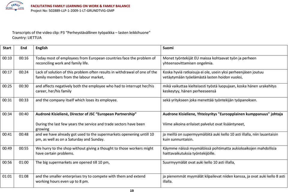 00:17 00:24 Lack of solution of this problem often results in withdrawal of one of the family members from the labour market, 00:25 00:30 and affects negatively both the employee who had to interrupt