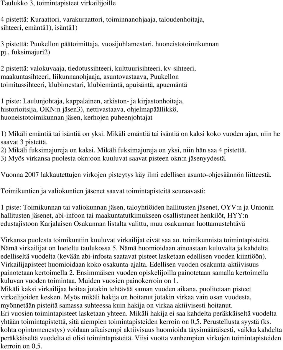 , fuksimajuri2) 2 pistettä: valokuvaaja, tiedotussihteeri, kulttuurisihteeri, kv-sihteeri, maakuntasihteeri, liikunnanohjaaja, asuntovastaava, Puukellon toimitussihteeri, klubimestari, klubiemäntä,