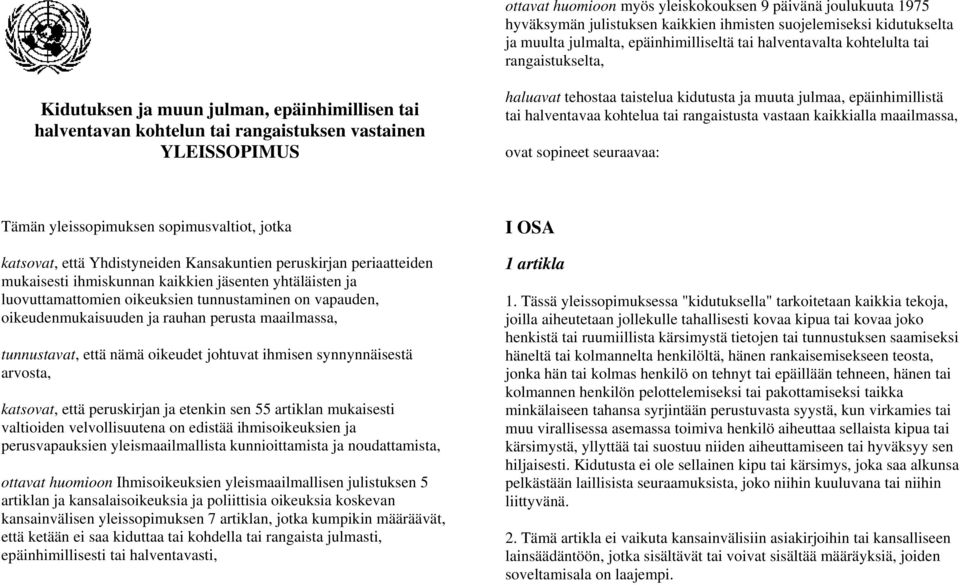 epäinhimillistä tai halventavaa kohtelua tai rangaistusta vastaan kaikkialla maailmassa, ovat sopineet seuraavaa: Tämän yleissopimuksen sopimusvaltiot, jotka katsovat, että Yhdistyneiden Kansakuntien