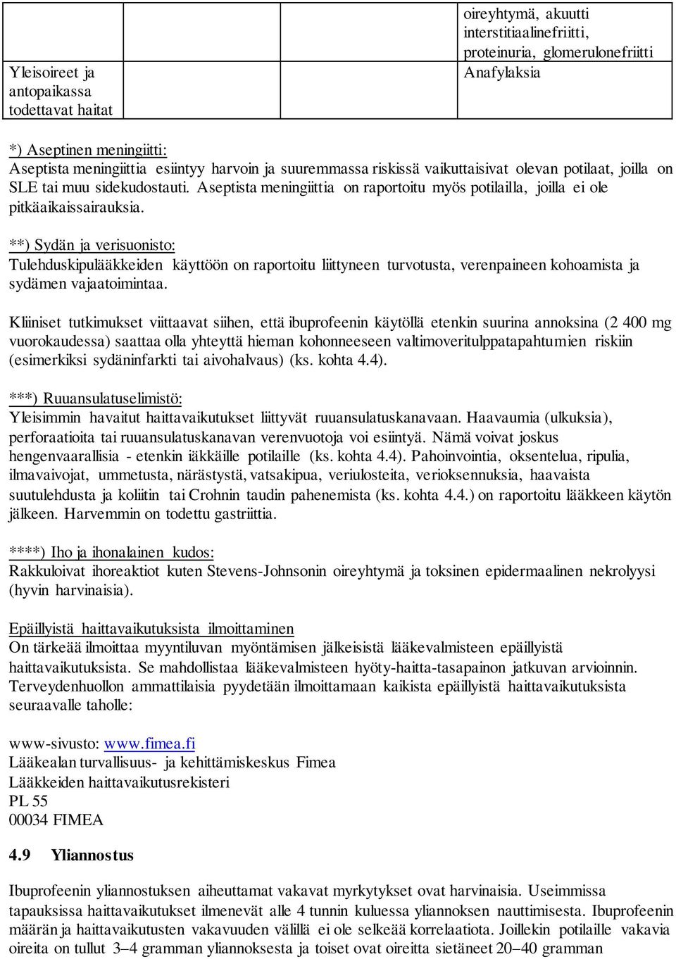 **) Sydän ja verisuonisto: Tulehduskipulääkkeiden käyttöön on raportoitu liittyneen turvotusta, verenpaineen kohoamista ja sydämen vajaatoimintaa.