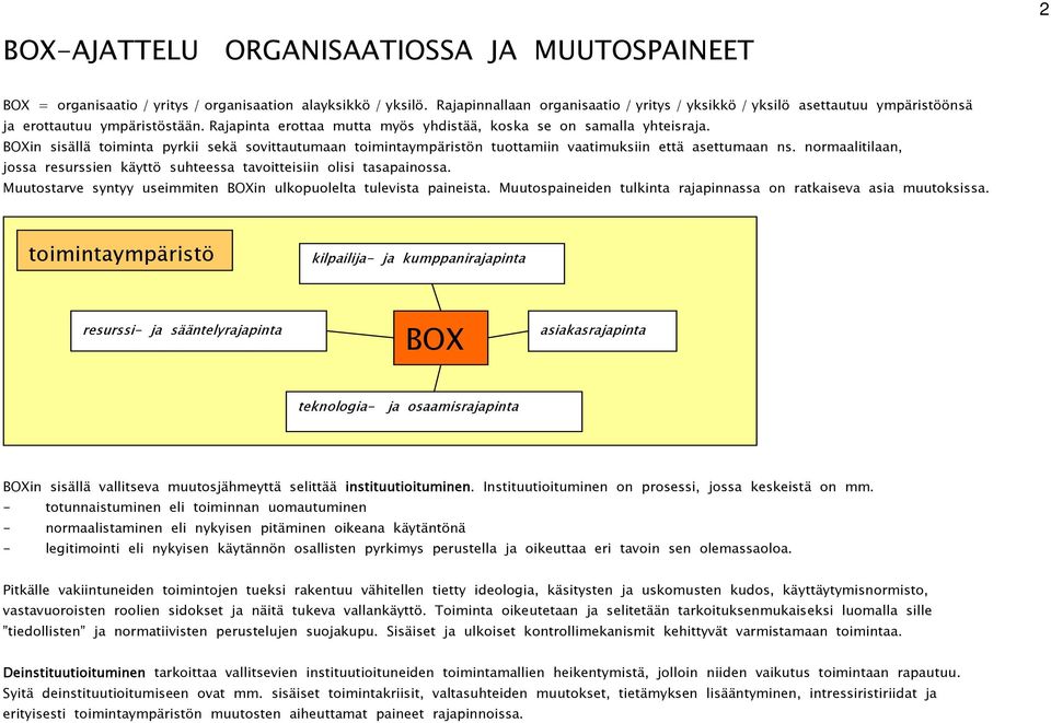 BOXin sisällä toiminta pyrkii sekä sovittautumaan toimintaympäristön tuottamiin vaatimuksiin että asettumaan ns. normaalitilaan, jossa resurssien käyttö suhteessa tavoitteisiin olisi tasapainossa.