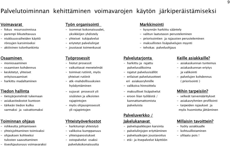 eriytetyt palvelulinjat - maksullisten lisäpalvelujen myynti - aktiivinen tulonhankinta - joustavat toimenkuvat - tehokas palveluohjaus Osaaminen Työprosessit Palvelutarjonta Keille asiakkaille?