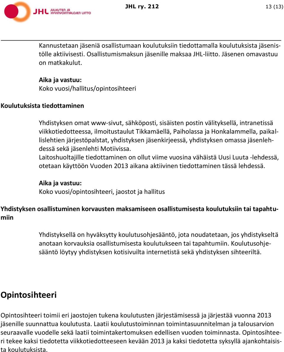 Aika ja vastuu: Koko vuosi/hallitus/opintosihteeri Koulutuksista tiedottaminen Yhdistyksen omat www-sivut, sähköposti, sisäisten postin välityksellä, intranetissä viikkotiedotteessa, ilmoitustaulut