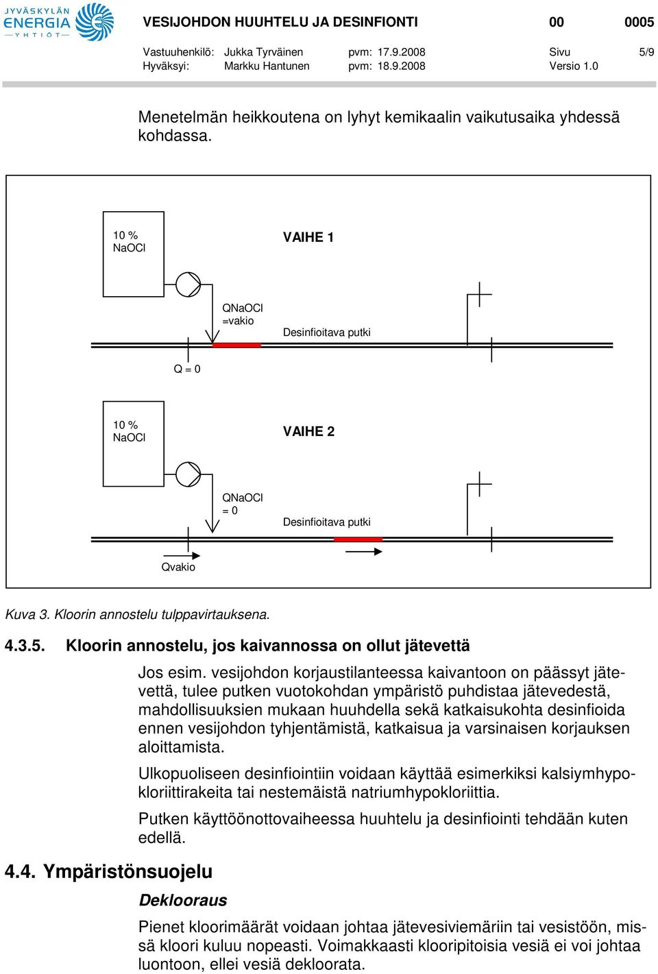 Kloorin annostelu, jos kaivannossa on ollut jätevettä 4.4. Ympäristönsuojelu Jos esim.