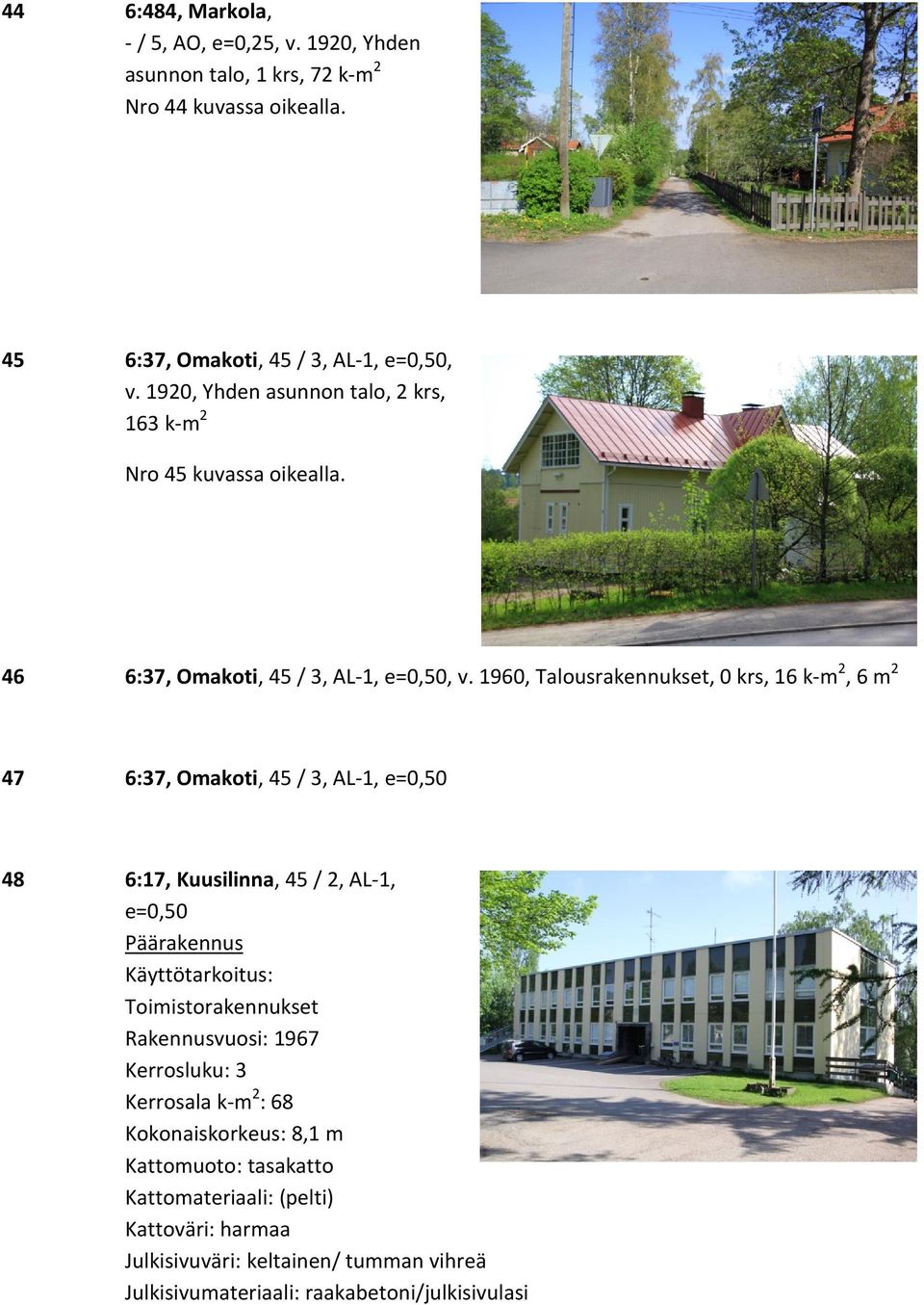 1960,, 0 krs, 16 k-m 2, 6 m 2 47 6:37, Omakoti, 45 / 3, AL-1, e=0,50 48 6:17, Kuusilinna, 45 / 2, AL-1, e=0,50 Käyttötarkoitus: Toimistorakennukset