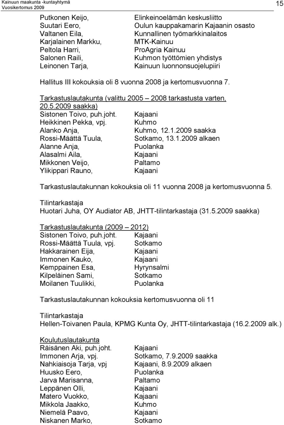 Tarkastuslautakunta (valittu 2005 2008 tarkastusta varten, 20.5.2009 saakka) Sistonen Toivo, puh.joht. Kajaani Heikkinen Pekka, vpj. Kuhmo Alanko Anja, Kuhmo, 12