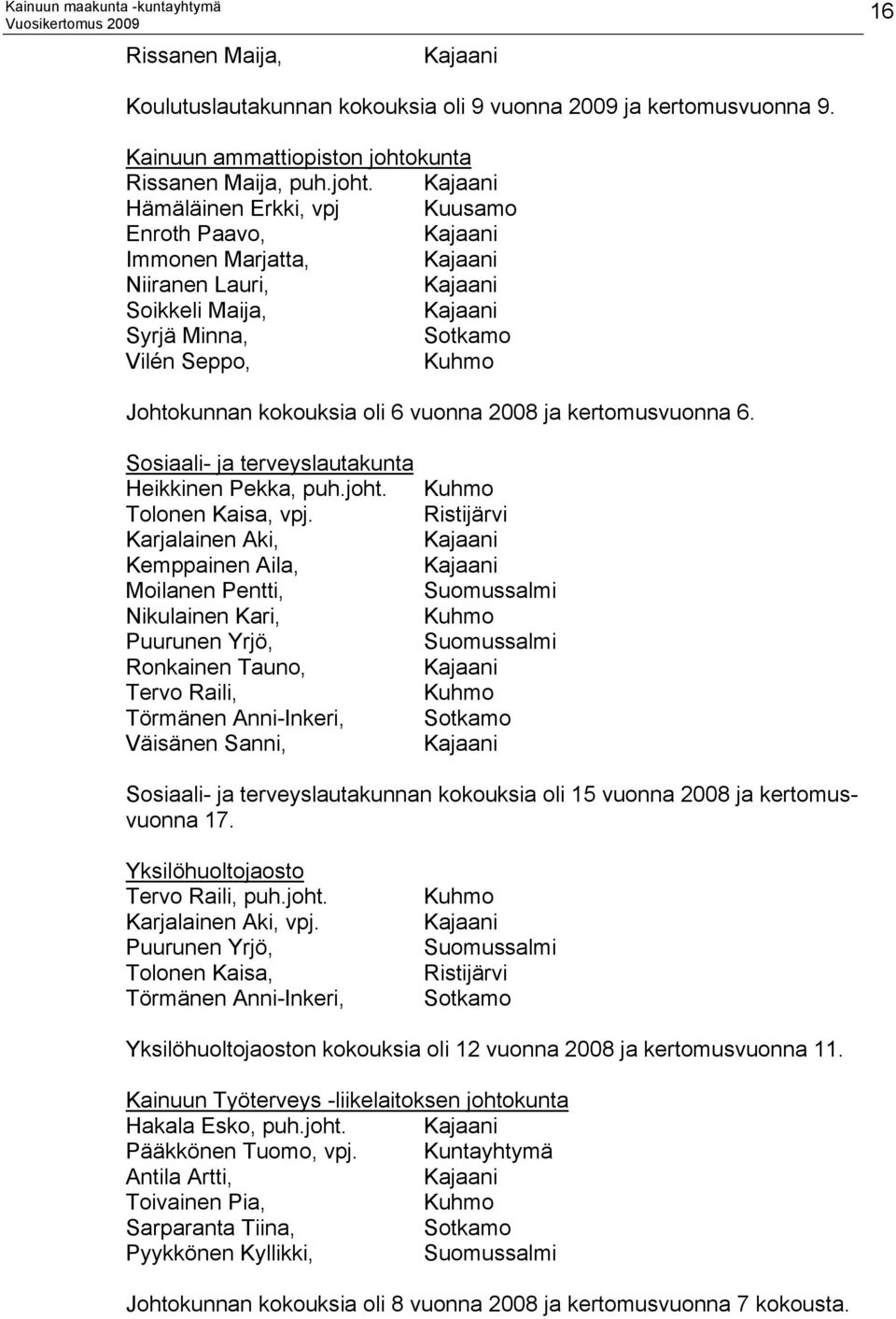 Kajaani Hämäläinen Erkki, vpj Kuusamo Enroth Paavo, Kajaani Immonen Marjatta, Kajaani Niiranen Lauri, Kajaani Soikkeli Maija, Kajaani Syrjä Minna, Sotkamo Vilén Seppo, Kuhmo Johtokunnan kokouksia oli