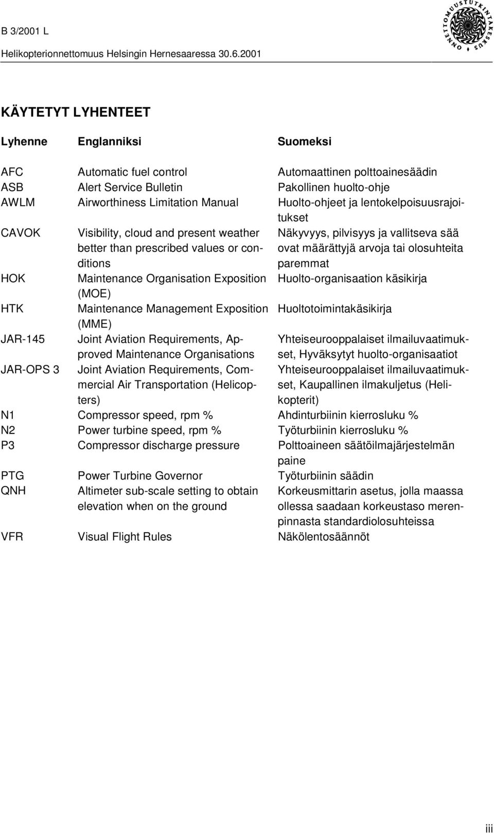 Management Exposition (MME) Joint Aviation Requirements, Approved Maintenance Organisations Joint Aviation Requirements, Commercial Air Transportation (Helicopters) Näkyvyys, pilvisyys ja vallitseva