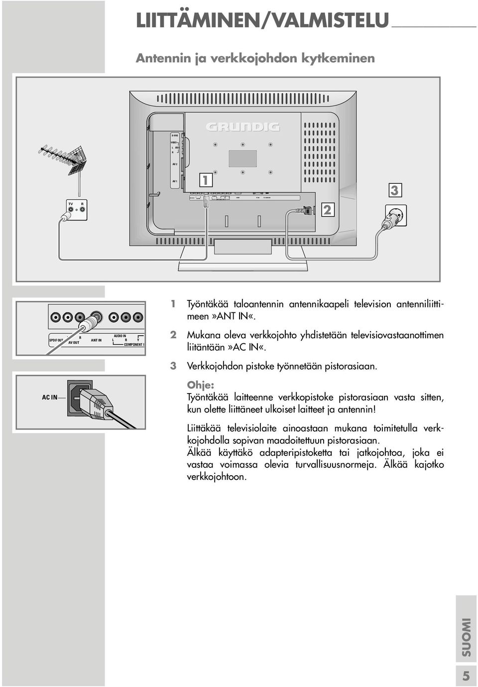 L R SPDIF OUT AV OUT ANT IN AUDIO IN L R Y COMPONENT I 2 Mukana oleva verkkojohto yhdistetään televisiovastaanottimen liitäntään»ac IN«. 3 Verkkojohdon pistoke työnnetään pistorasiaan.