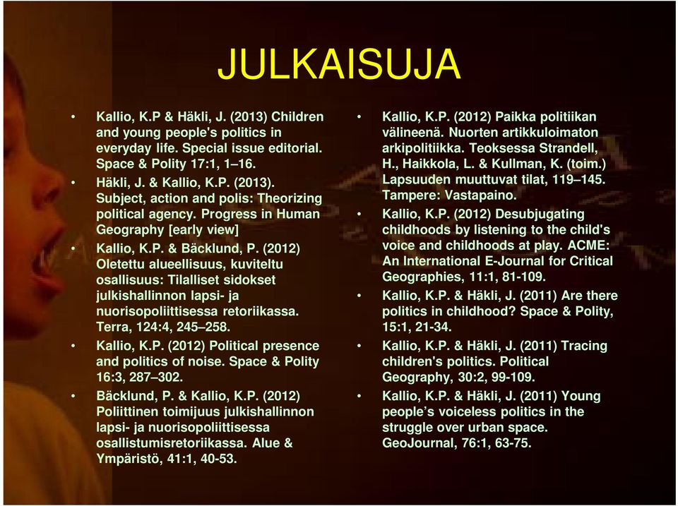 (2012) Oletettu alueellisuus, kuviteltu osallisuus: Tilalliset sidokset julkishallinnon lapsi- ja nuorisopoliittisessa retoriikassa. Terra, 124:4, 245 258. Kallio, K.P.