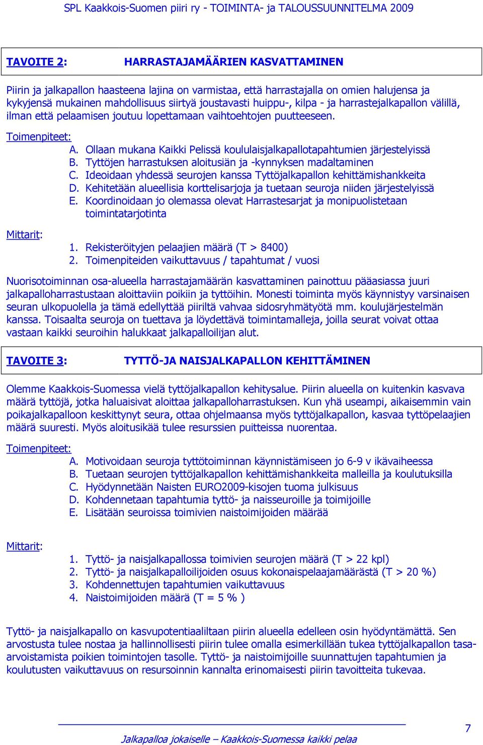 Tyttöjen harrastuksen aloitusiän ja -kynnyksen madaltaminen C. Ideoidaan yhdessä seurojen kanssa Tyttöjalkapallon kehittämishankkeita D.