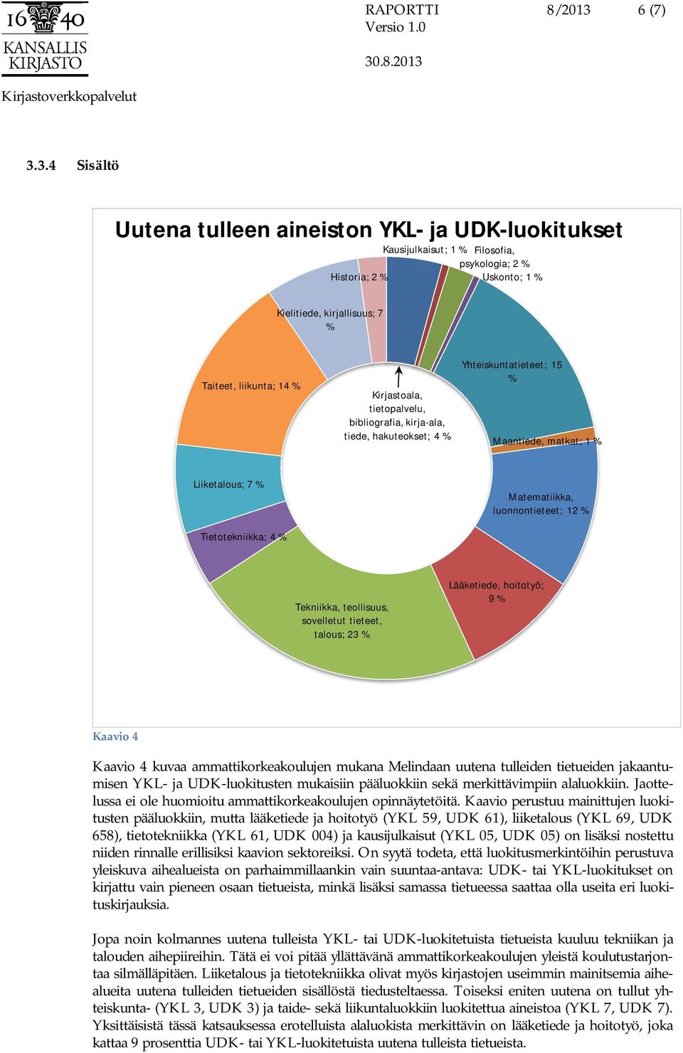 3.4 Sisältö Uutena tulleen aineiston YKL- ja UDK-luokitukset Kausijulkaisut; 1 % Filosofia, psykologia; 2 % Historia; 2 % Uskonto; 1 % Kielitiede, kirjallisuus; 7 % Taiteet, liikunta; 14 %