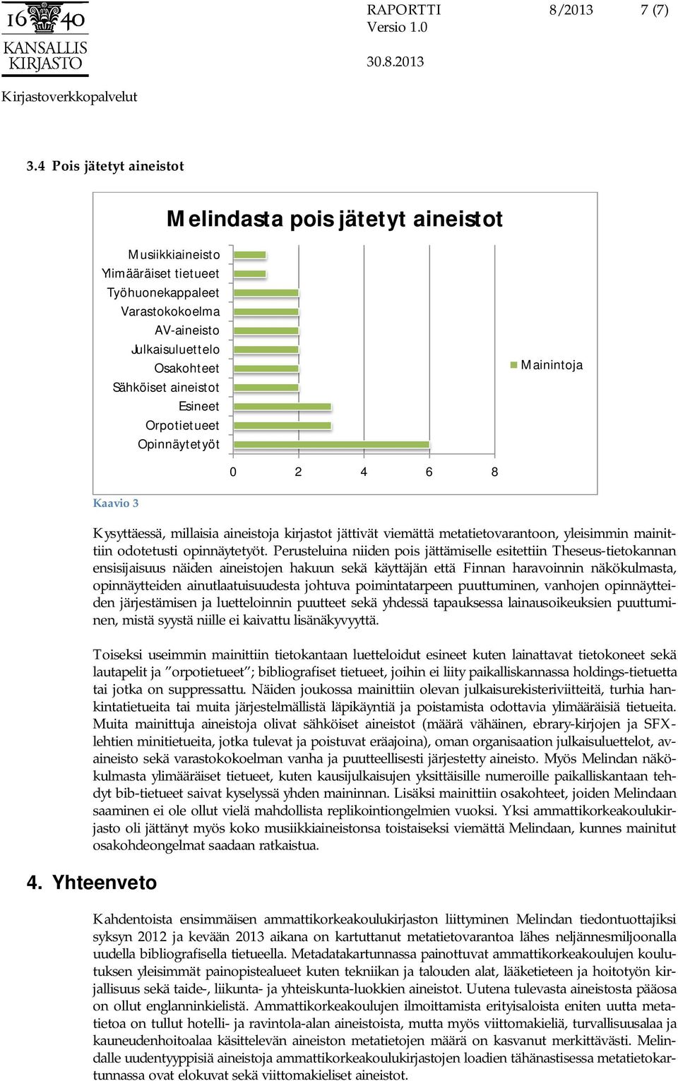 Orpotietueet Opinnäytetyöt Mainintoja 0 2 4 6 8 Kaavio 3 Kysyttäessä, millaisia aineistoja kirjastot jättivät viemättä metatietovarantoon, yleisimmin mainittiin odotetusti opinnäytetyöt.