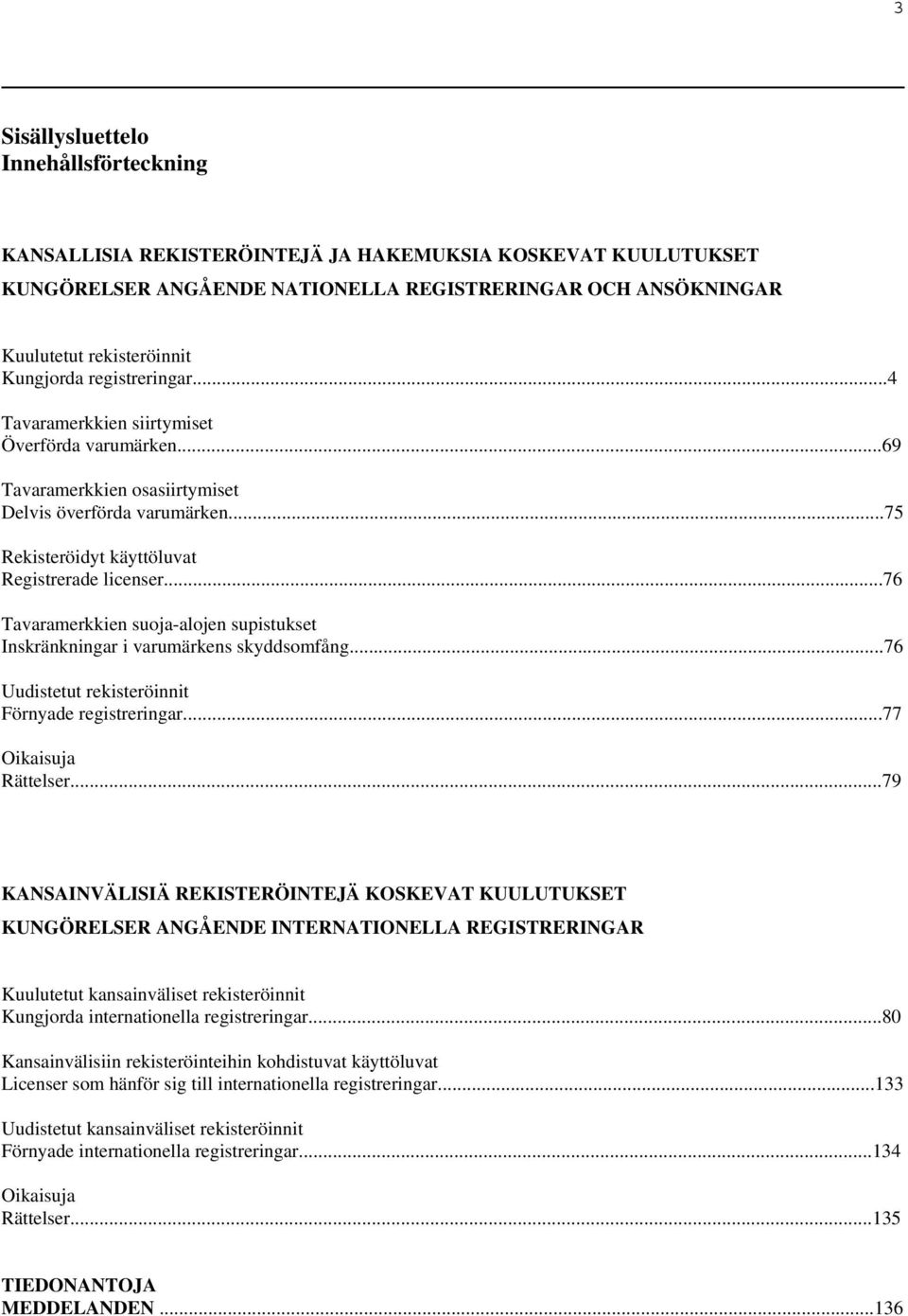 ..76 Tavaramerkkien suoja-alojen supistukset Inskränkningar i varumärkens skyddsomfång...76 Uudistetut rekisteröinnit Förnyade registreringar...77 Oikaisuja Rättelser.