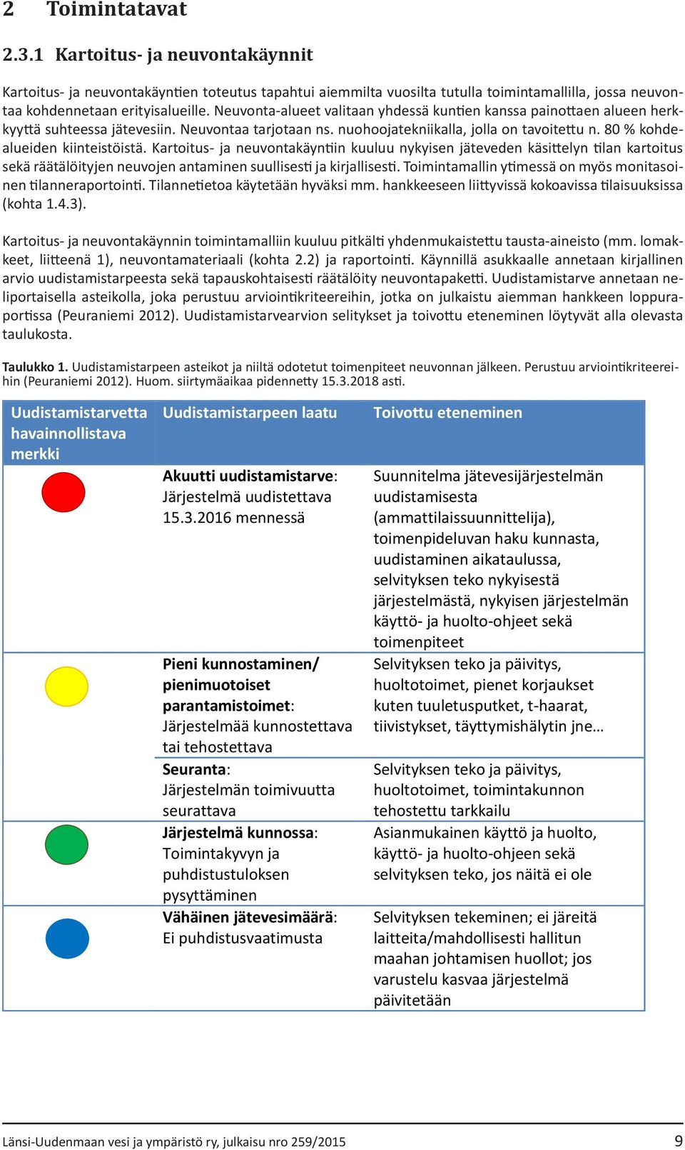 80 % kohdealueiden kiinteistöistä. Kartoitus- ja neuvontakäyntiin kuuluu nykyisen jäteveden käsittelyn tilan kartoitus sekä räätälöityjen neuvojen antaminen suullisesti ja kirjallisesti.