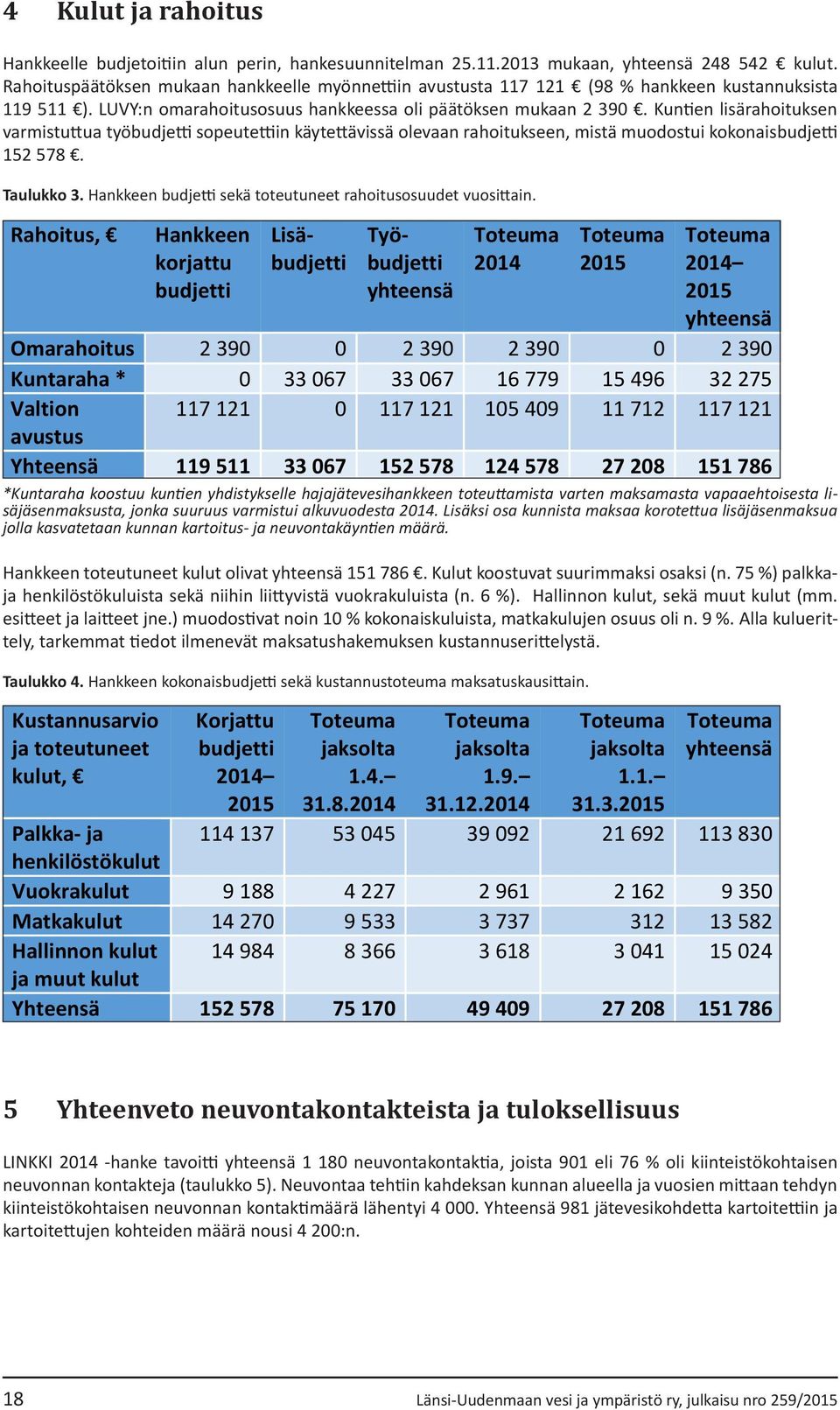 Kuntien lisärahoituksen varmistuttua työbudjetti sopeutettiin käytettävissä olevaan rahoitukseen, mistä muodostui kokonaisbudjetti 152 578. Taulukko 3.