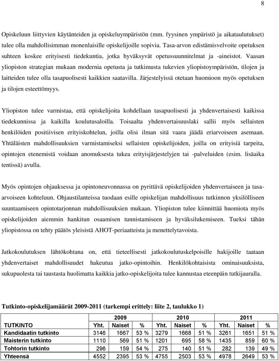 Vaasan yliopiston strategian mukaan modernia opetusta ja tutkimusta tukevien yliopistoympäristön, tilojen ja laitteiden tulee olla tasapuolisesti kaikkien saatavilla.