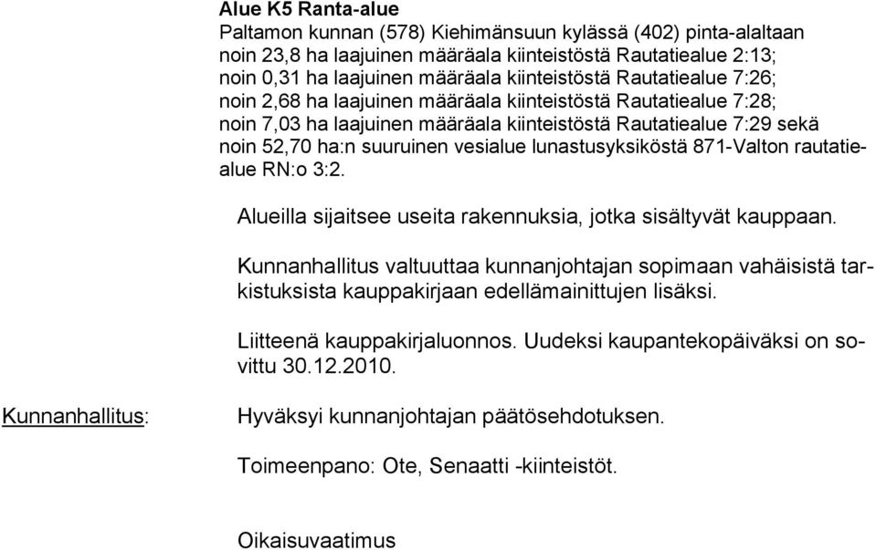 suuruinen vesialue lunastusyksiköstä 871-Valton rautatiealue RN:o 3:2. Alueilla sijaitsee useita rakennuksia, jotka sisältyvät kauppaan.