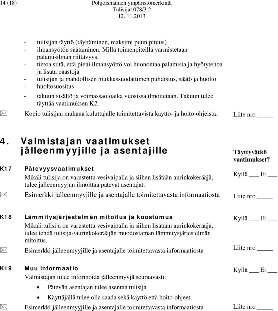 sisältö ja voimassaoloaika vuosissa ilmoitetaan. Takuun tulee täyttää vaatimuksen K2. Kopio tulisijan mukana kuluttajalle toimitettavista käyttö- ja hoito-ohjeista. 4.