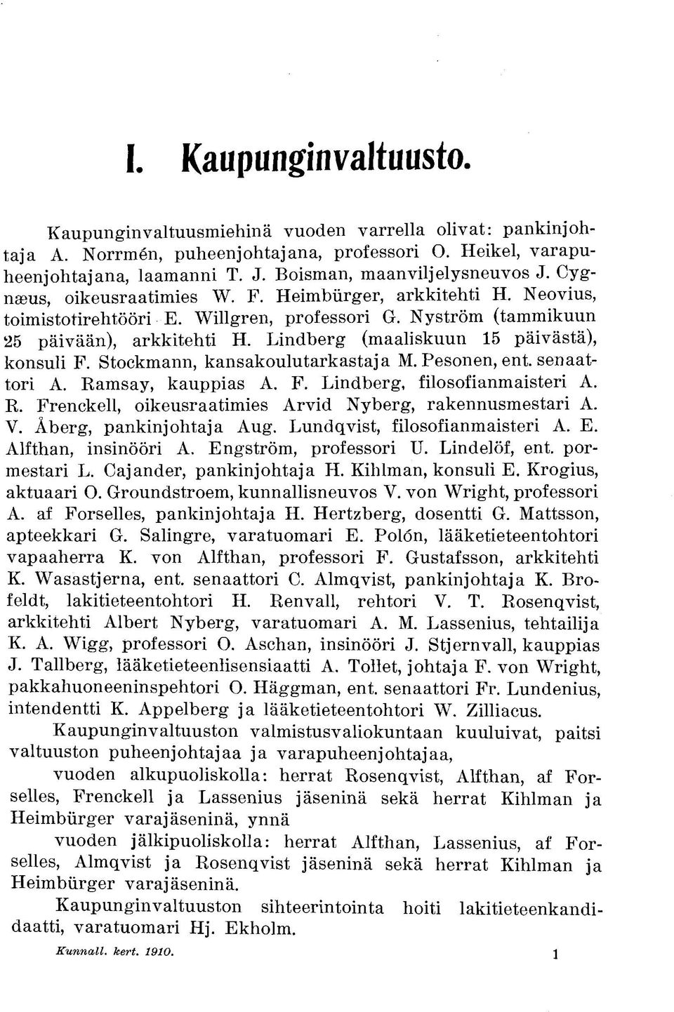 Lindberg (maaliskuun 15 päivästä), konsuli F. Stockmann, kansakoulutarkastaja M. Pesonen, ent. senaattori A. Ramsay, kauppias A. F. Lindberg, filosofianmaisteri A. R. Frenckell, oikeusraatimies Arvid Nyberg, rakennusmestari A.