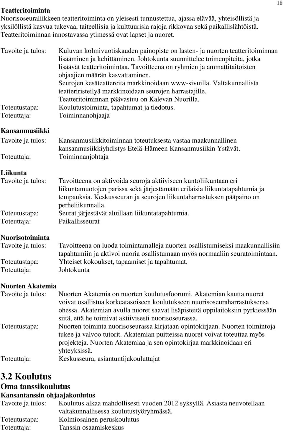 18 Kansanmusiikki Liikunta Nuorisotoiminta Kuluvan kolmivuotiskauden painopiste on lasten- ja nuorten teatteritoiminnan lisääminen ja kehittäminen.