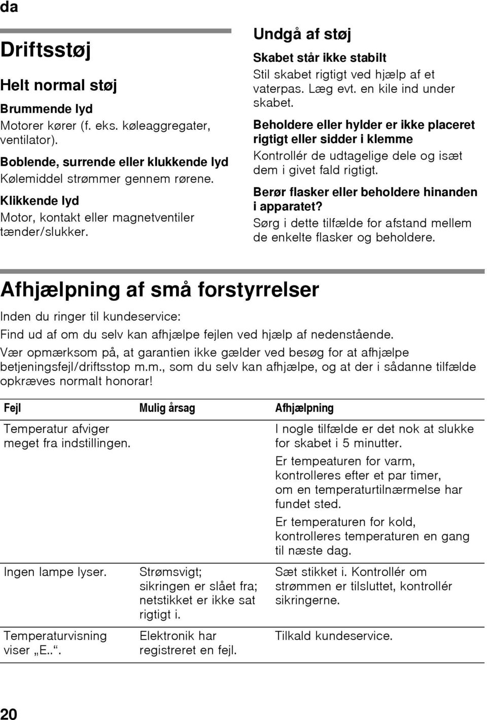 Beholdere eller hylder er ikke placeret rigtigt eller sidder i klemme Kontrollér de udtagelige dele og isæt dem i givet fald rigtigt. Berør flasker eller beholdere hinanden i apparatet?